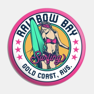 Retro Surfer Babe Badge Rainbow Bay Gold Coast Australia Pin