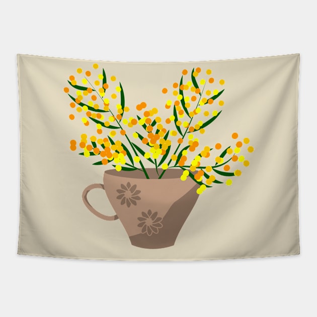 Cup and flower bouquet made of mimosa branches Tapestry by Cute-Design