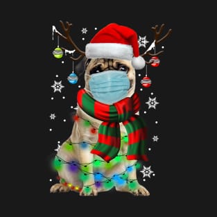 Pug Dog Reindeer With Face Mask Christmas Lights Pajama Shirt T-Shirt