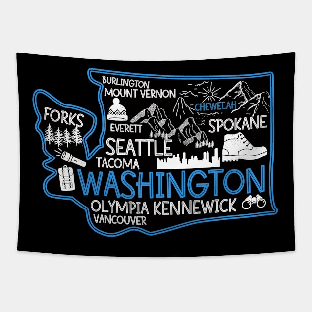 Washington Chewelah Cute Map Tacoma Kennewick Forks Spokane cute travel design Tapestry by BoogieCreates