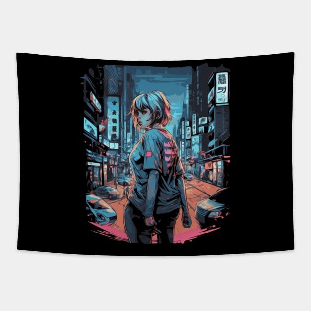 Cyberpunk Anime Aesthetic in Tokyo Japan Tapestry by Pixy Official