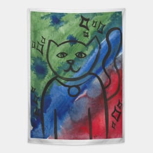 Cute Kitty Portrait in Green, Blue and Red Tapestry