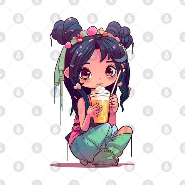 Cute Fairy & Boba Tea Funny Food Retro Japonese Anime by Ai Wanderer