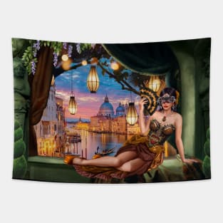 Carnival Day in Venice and Masked Woman Tapestry