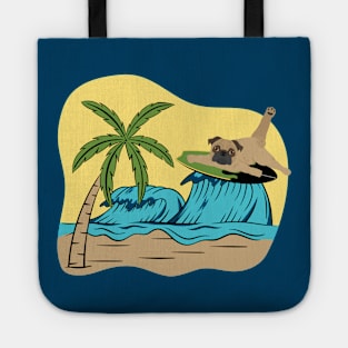 Pug Dog Surfing on the Sea Wave on the Summer Beach Tote