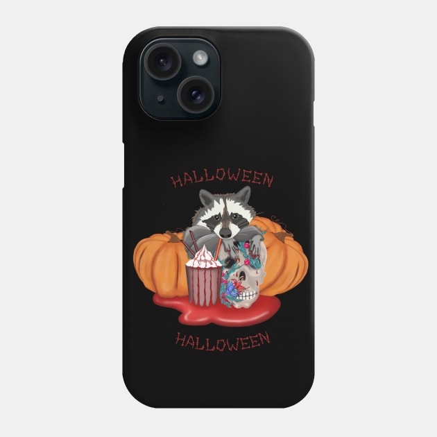 Halloween Raccoon with skull and pumpkins in the blood puddle Phone Case by KateQR