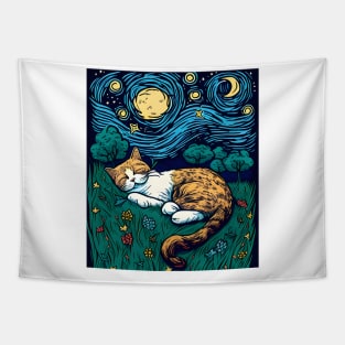 Starry Night Cat by Vincent van Gogh - Cute Cat Tapestry