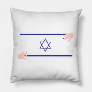 Two hands with blue and white nail polish on Israel flag Pillow