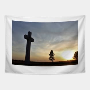 Kansas Sunset with a colorful sky and cross silhouette. Tapestry