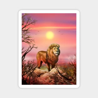 Lion king a wild animal. Sunset Wild African lion in nature. Retro style. Realistic Oil painting illustration. Wildlife Hand Drawing poster Magnet