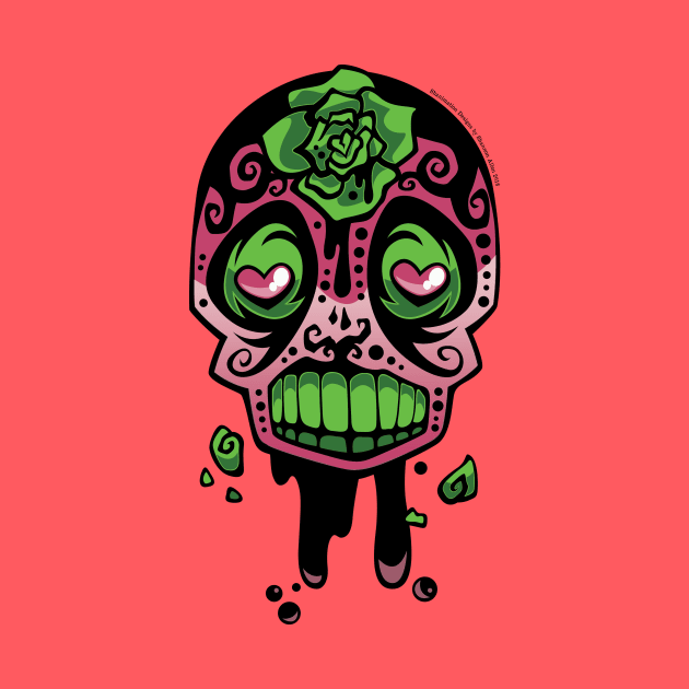 Pink and Green Ink-Rose Skull by Shanimation