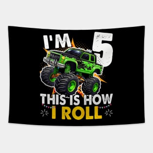 Kids Im This is how I roll Monster Truck 5th Birthday Boys Tapestry