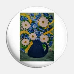 A still life painting of mixed flowers in a blue jug vase Pin