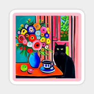 Black Cat with Cute Abstract Flowers in a Blue Vase Still Life Painting Magnet