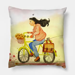 Ride a bike Watercolour Illustration Pillow