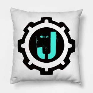 Ice Blue Letter J in a Black Industrial Cog Pillow