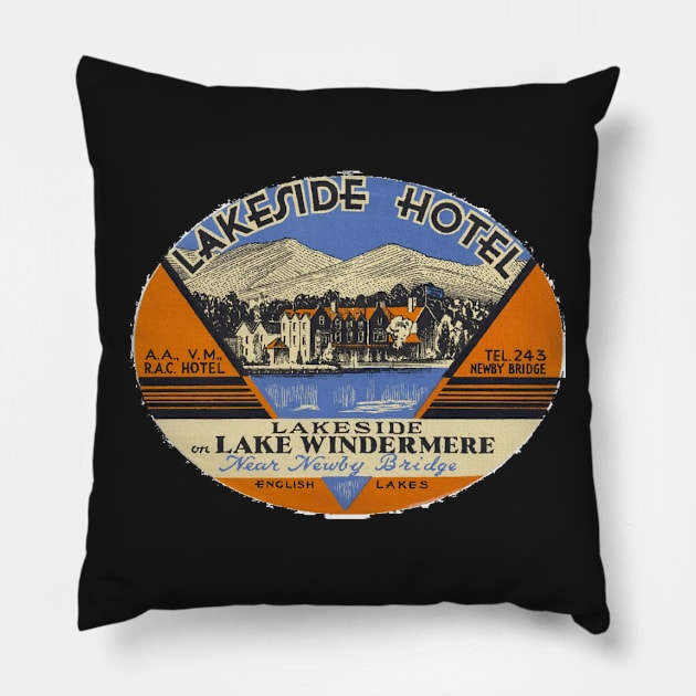Lakeside Hotel Vintage Luggage Tag Pillow by ROEDERcraft