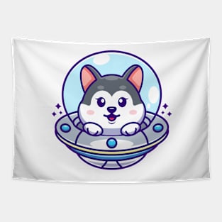 Cute husky flying with spaceship ufo cartoon Tapestry