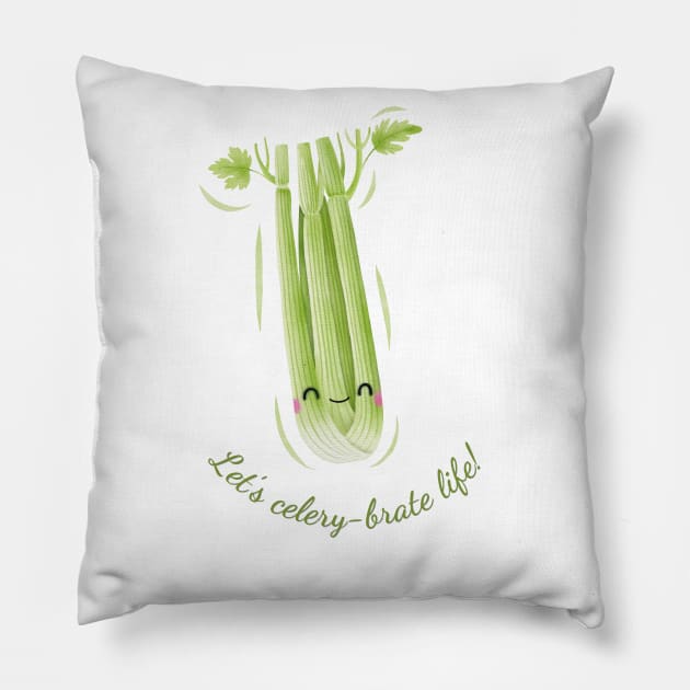 Let's Celery-brate Life Cute Watercolor Celery Pillow by DesignArchitect