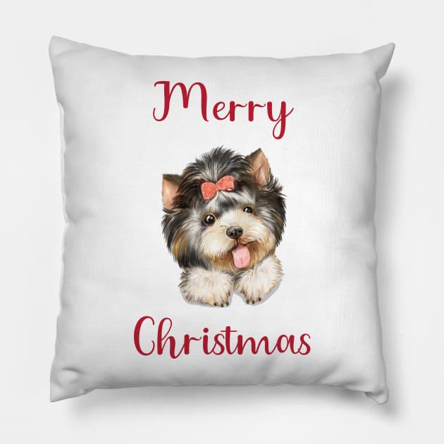 yorkshire terrier merry christmas Pillow by yorkiedoodledesigns