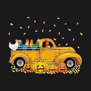 Yellow Car Truck Chickens And Pumpkins Halloween T-Shirt