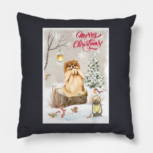 Cute Pomeranian Merry Christmas Santa Dog Pillow