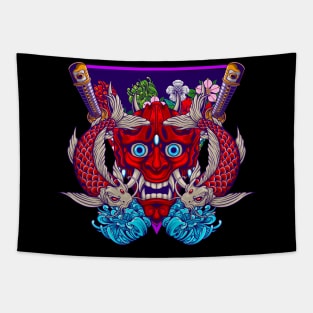 Oni Skull and Koi Fish 1.4 Tapestry