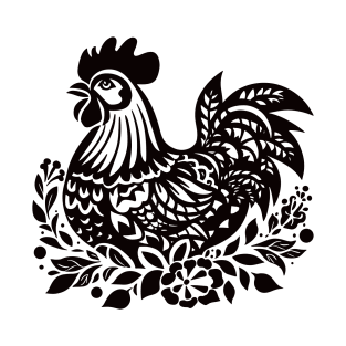 Elegant Black and White Rooster with Floral Motifs T-Shirt