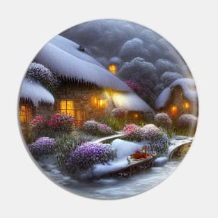 Magical Fantasy House with Lights in a Snowy Scene, Fantasy Cottagecore artwork Pin