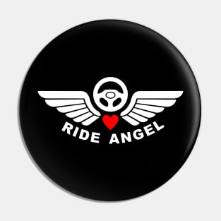 Ride Angel, graphic t-shirt with steering wheel and angel wings for volunteers drivers for helping people in need. Pin