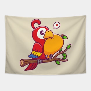 Cute Parrot Bird Eating Mango On Branch Cartoon Tapestry