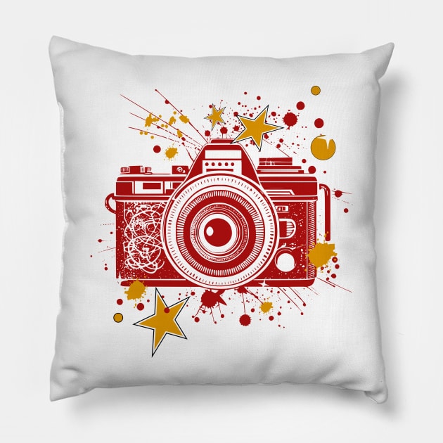 Vintage Camera (red and gold) Pillow by TempoTees