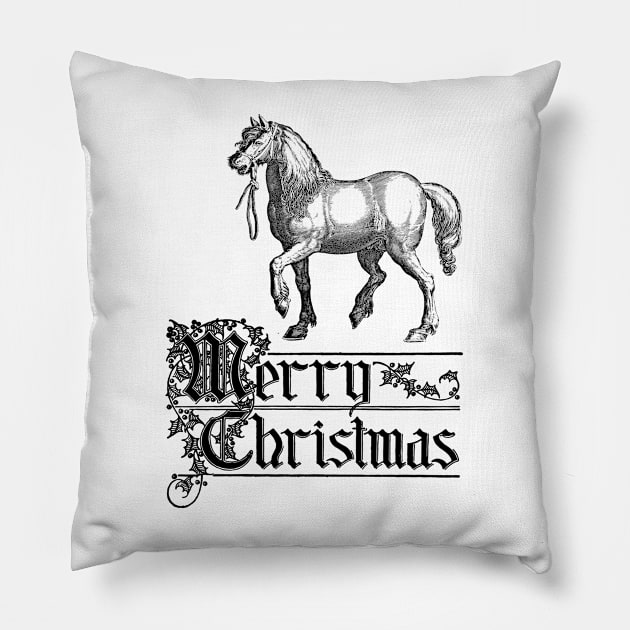 Merry Christmas with Horse Antique Vintage Illustration Pillow by Biophilia