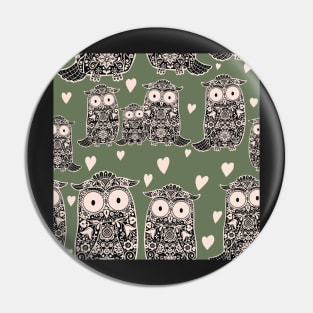 Folk Art Owls, Owlets and Hearts on Green Pin