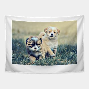 Two Puppies On A Grass Field Tapestry