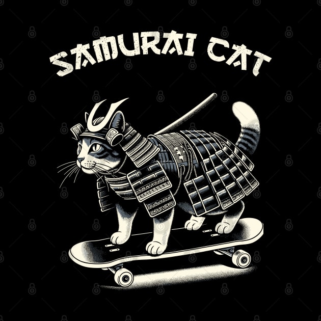 Samurai Cat Skateboarding by Yopi