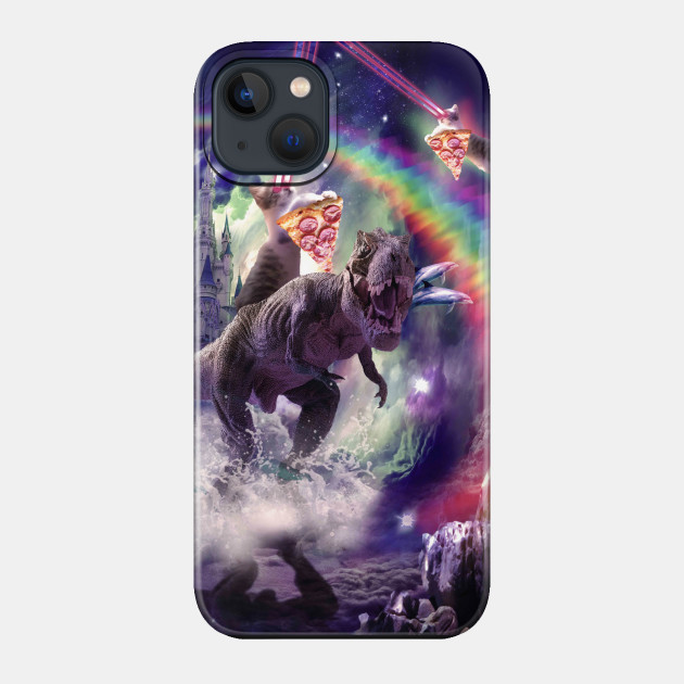 Rainbow Laser Space Cat On Dinosaur Eating Pizza - Dinosaur - Phone Case