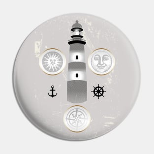 Nautical illustration of sun, moon and lighthouse in retro stamp design Pin