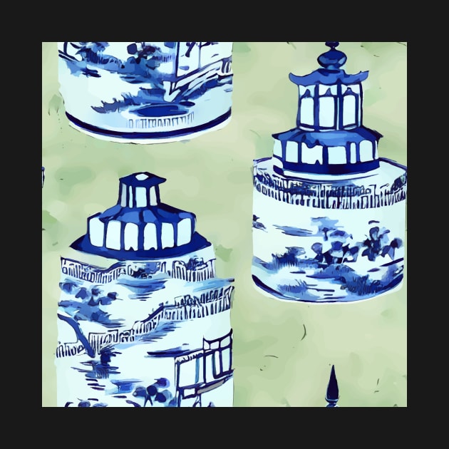 Blue and white chinoiserie jars on sage green by SophieClimaArt