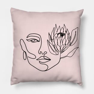 One line woman face with protea flower. Continuous line print. Pillow