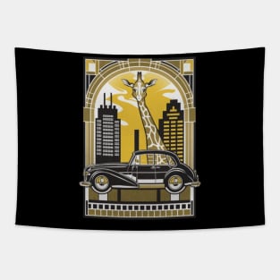 A sophisticated giraffe elegantly navigating a cityscape in a luxury sedan Tapestry