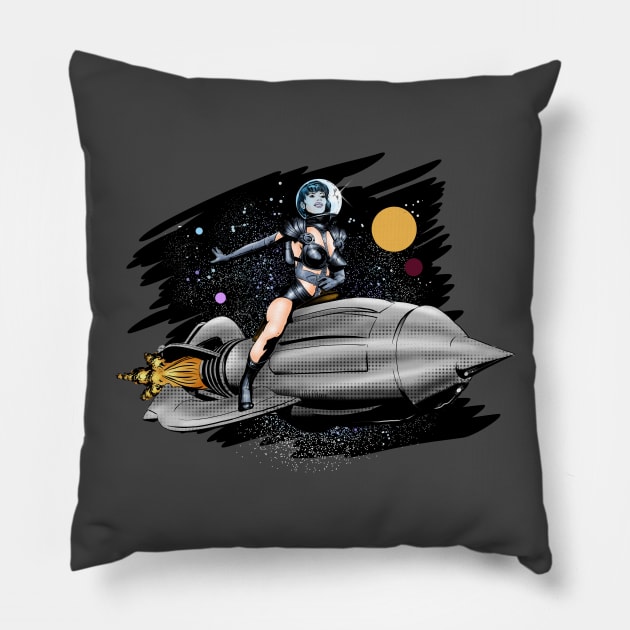 Retro Rocket Girl Pillow by SimonBreeze