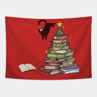 Cat Bookworm Christmas Tree Books Tapestry