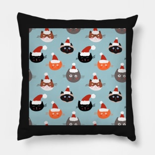 Cats in Santa Hats on Blue Pillow