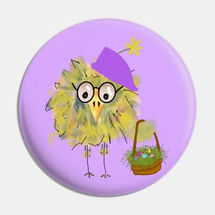 Funny Bird with Easter Hat and Basket Pin