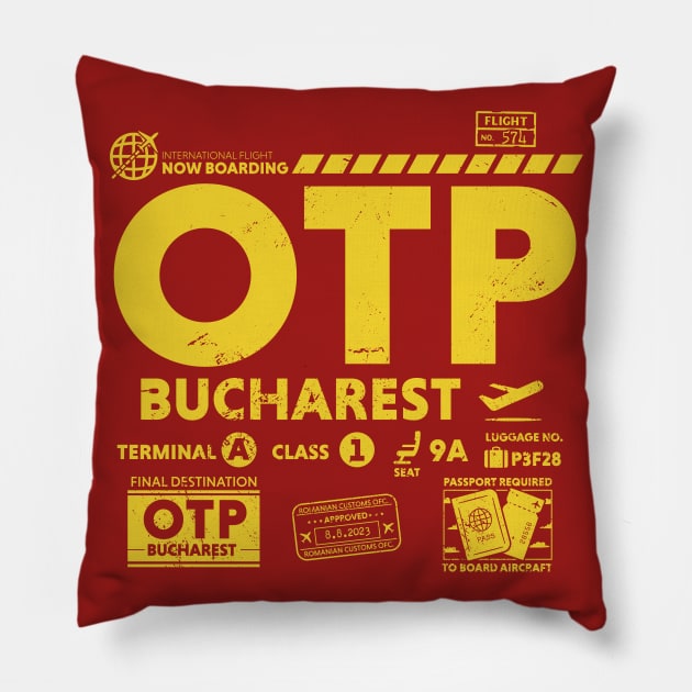 Vintage Bucharest OTP Airport Code Travel Day Retro Travel Tag Romania Pillow by Now Boarding