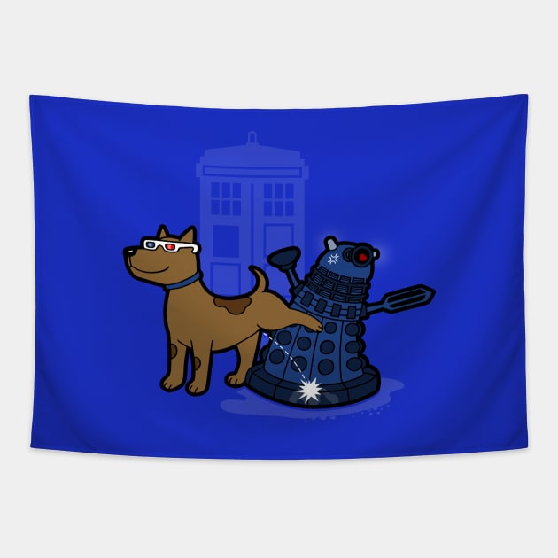 Cute Funny Sci-fi Dog Peeing On Retro Alien Villain Cartoon Tapestry by BoggsNicolas