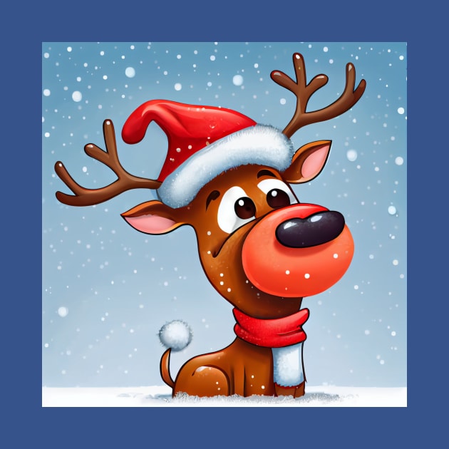 Christmas Reindeer with Santa Hat is standing in deep snow. by KOTOdesign