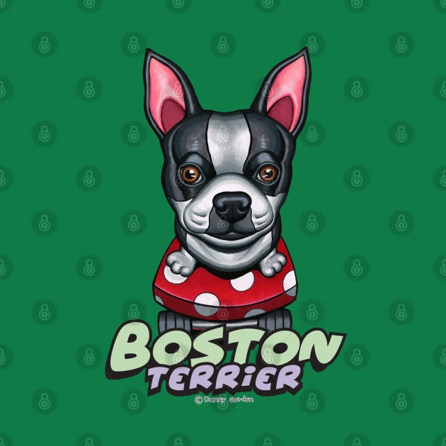 Cute adorable awesome Boston Terrier on Red Polka Dot Skateboard by Danny Gordon Art