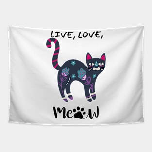 LIVE, LOVE, MEOW/ Cute Black Kitty Cat Tapestry